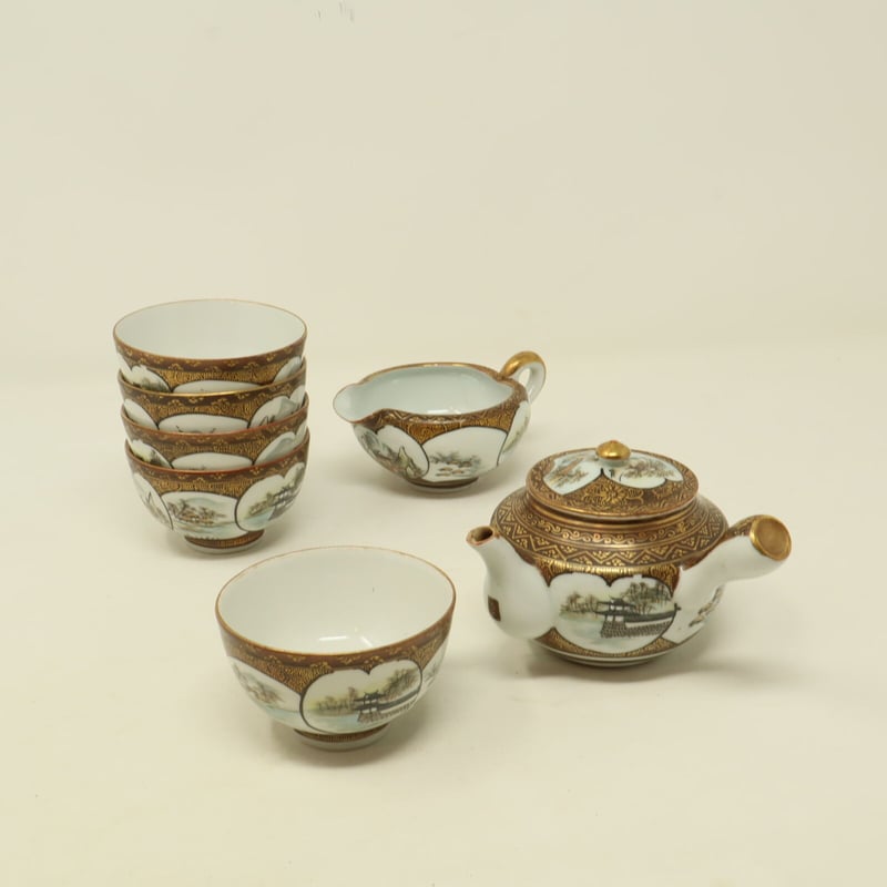 A005【茶器】 九谷焼 華やかな色絵金彩 窓絵山水 煎茶 | 中国美術