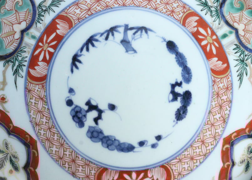 皿□赤絵松竹梅花弁型花唐草紋中皿 花鳥紋(江戸期)古美術 時代物 古い