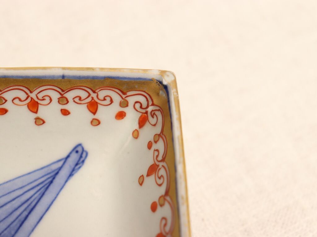 幕末～明治期 角冨 色絵扇絵変形皿 五客 裏千鳥文 金襴手 古器を楽しむ