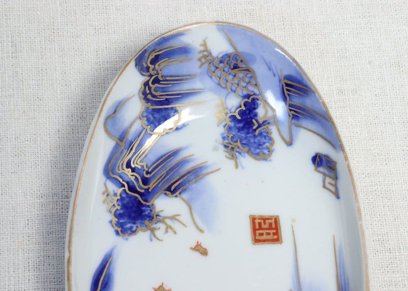 古九谷 九谷焼 藍九谷 染付 山水 蔵出し 舟形皿 5客 古九谷 九谷焼 藍