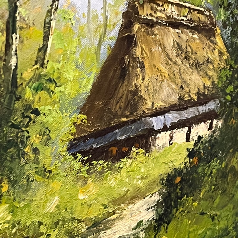 アンティーク】額縁 額装 絵画 油絵 油彩 風景画 家 山村 田舎 川