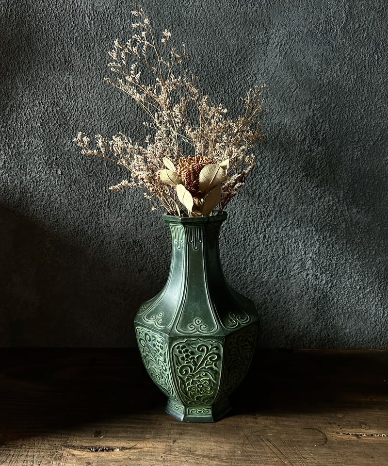 和骨董 青銅花瓶 美しい緑青 朝顔/蔦葉紋 竹象手付き花器 花入れ