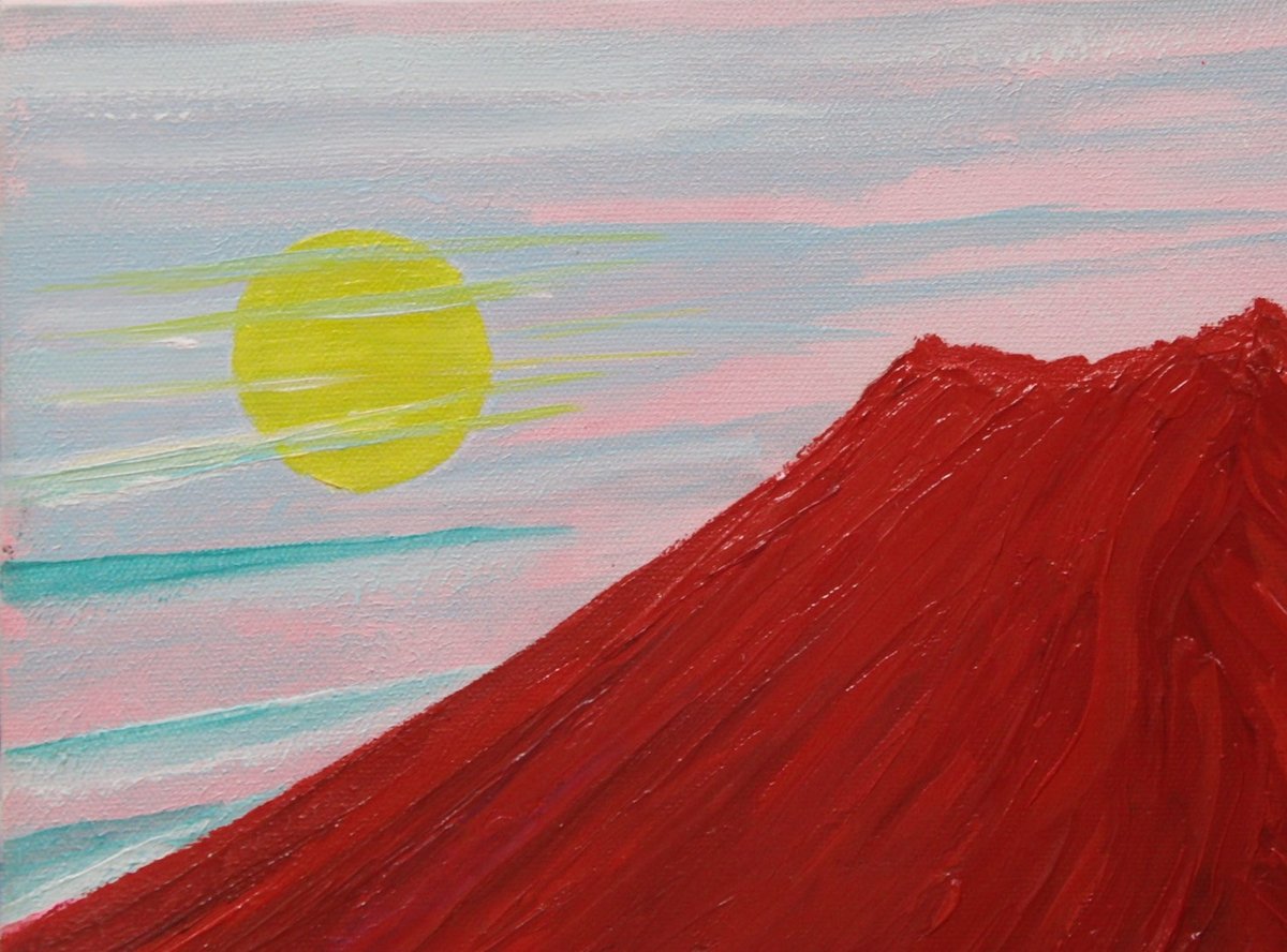 ≪国美協≫TOMOYUKI・友之、『月と赤富士』、油彩画、F6号：40,9×31