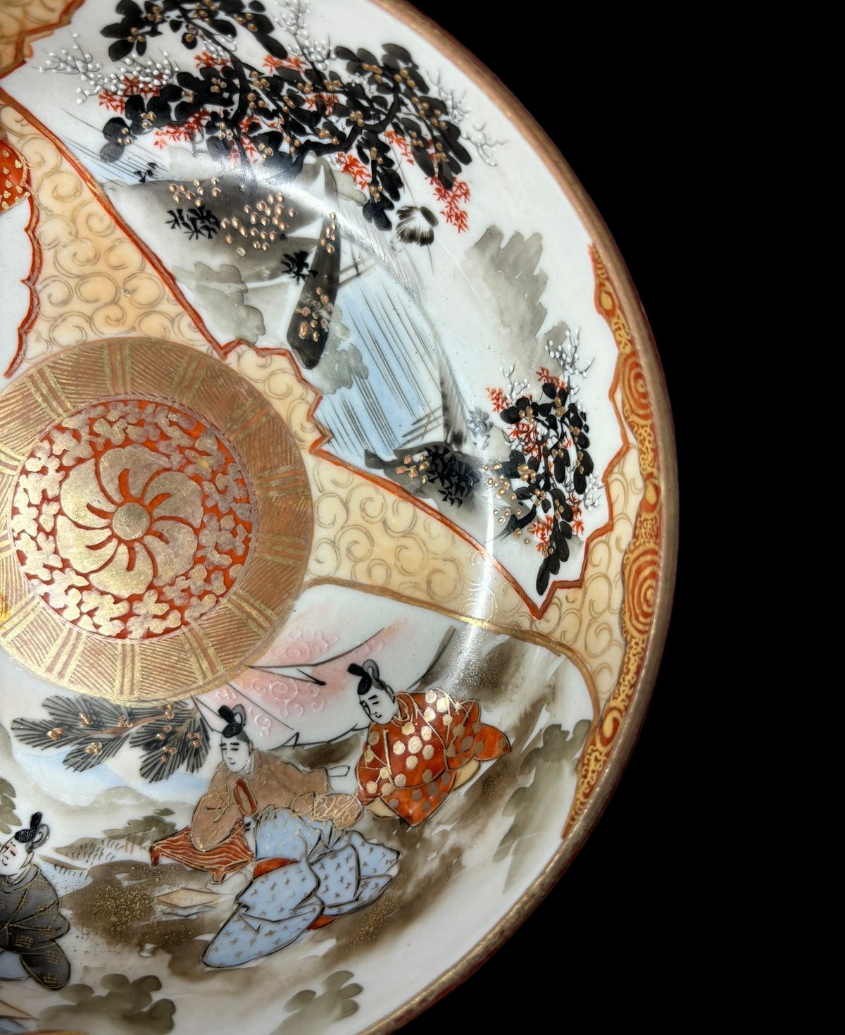 希少!!】九谷造 色絵 金彩 [松竹梅鳥文風景窓絵 粉彩人物絵]