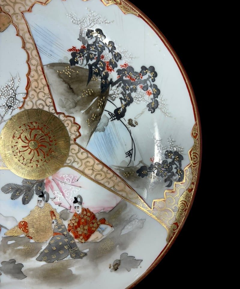 希少!!】九谷造 色絵 金彩 [松竹梅鳥文風景窓絵 粉彩人物絵] 大皿 平皿