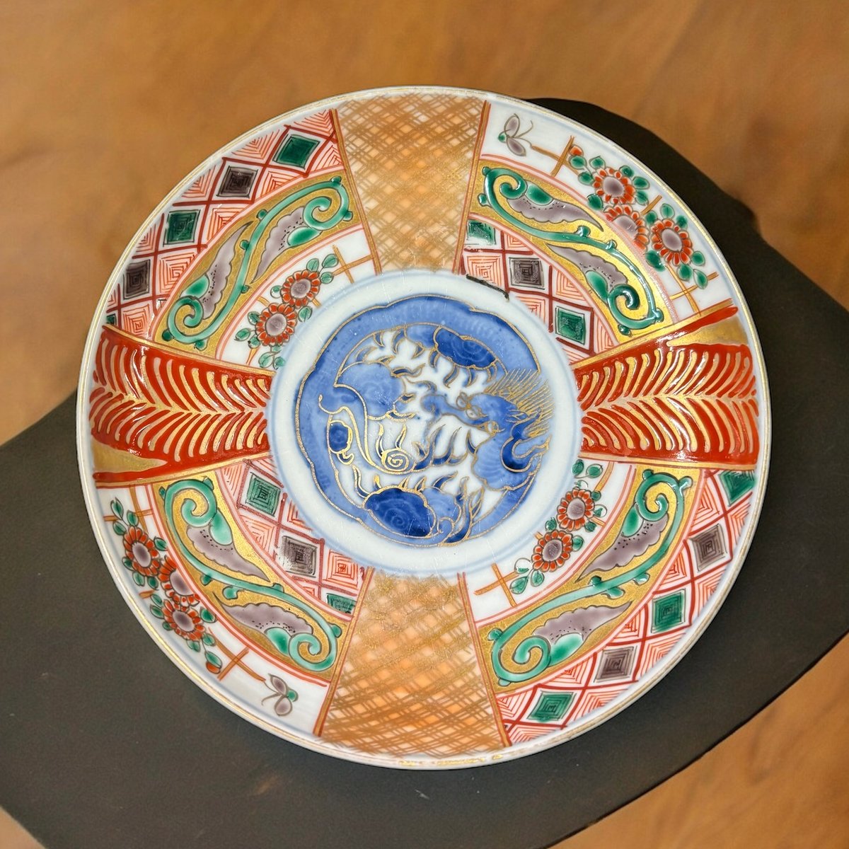 幕末～明治期 角冨 色絵扇絵変形皿 五客 裏千鳥文 金襴