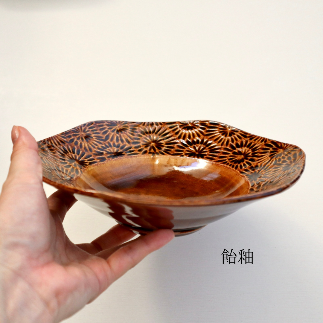 野村朋香 花紋六角7寸鉢（飴釉・黄釉） | nukumoly