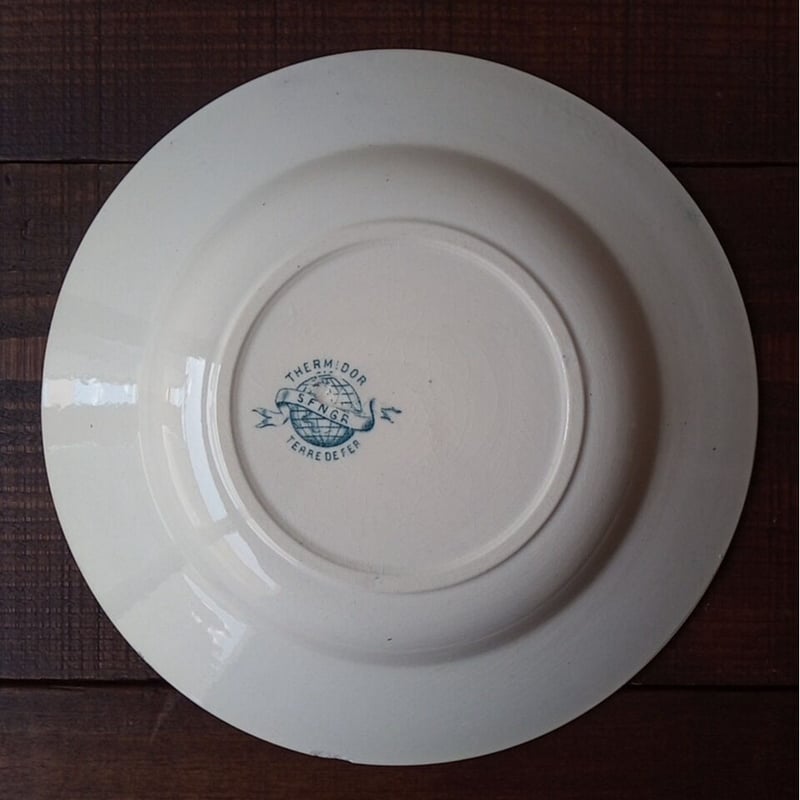 フランスアンティーク プレート 水色バラのガーランドの深皿