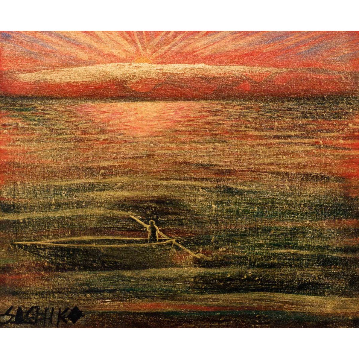 有明海の夕焼けを、描いた、P6号のアクリル画です。私の作品です。