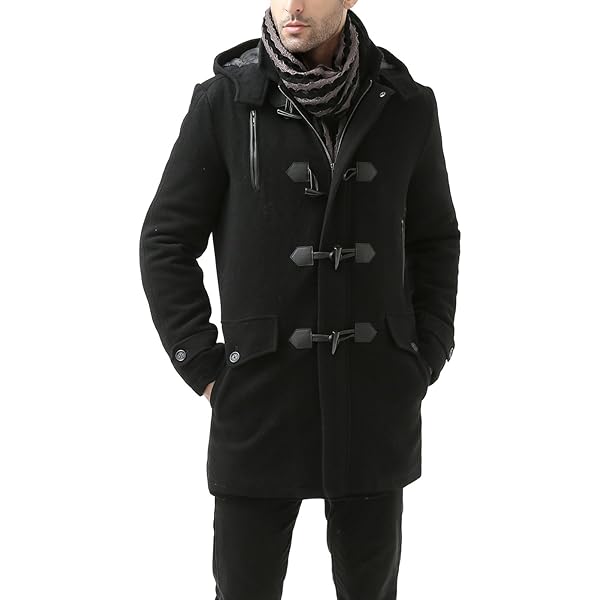 Wool Blend Leather Hodded Toggle Coat - Men Benjamin Wool Blend