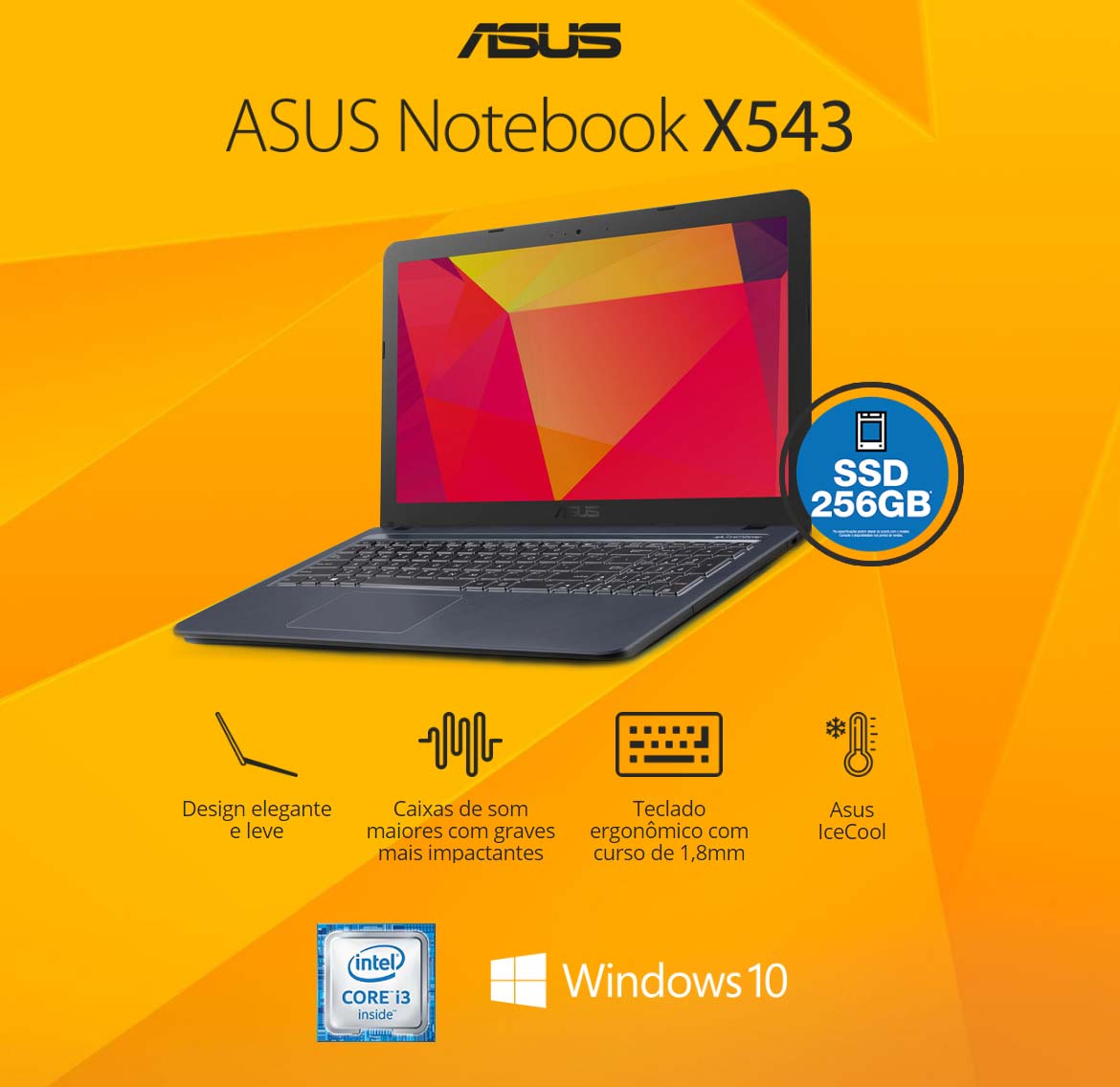 Notebook Asus X543UA-DM3459T Intel i3, RAM 8GB, SSD 256GB, Tela