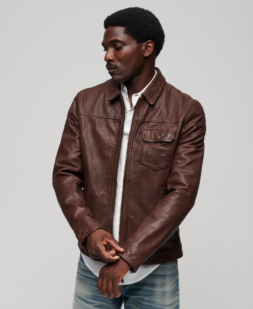 mens 70s Leather Jacket in BROWN | Superdry US