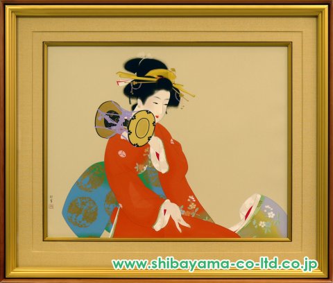 上村松園「鼓の音」シルクスクリーン 松伯美術館印・証明シール有 上村