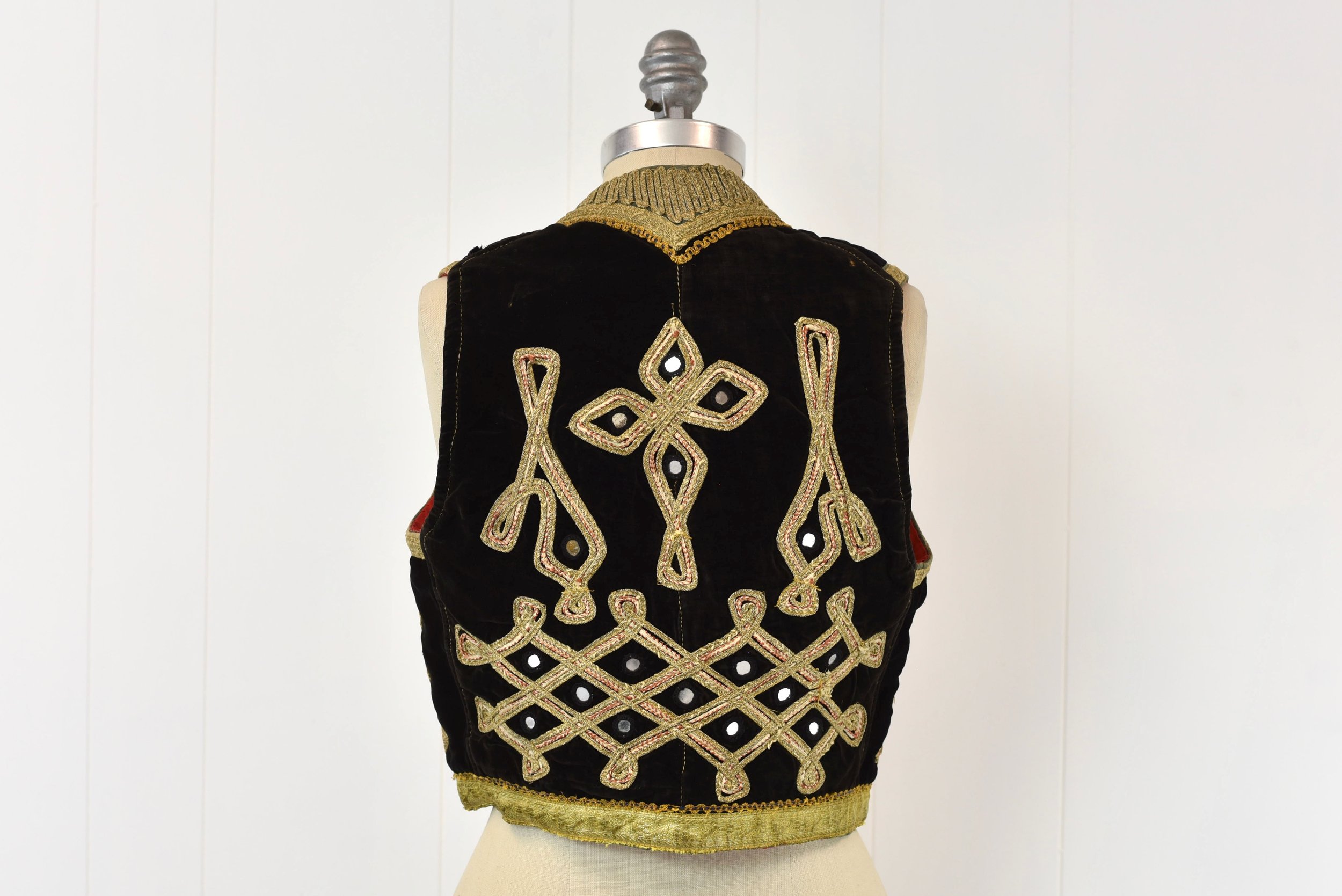 1960s Black Velvet Metallic Gold Embroidered Turkish Mirror