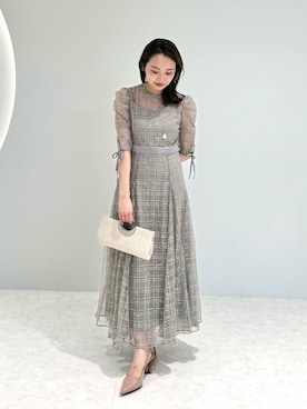 LEJA】チェック刺繍スパンコールチュール素材袖リボンパフスリーブ