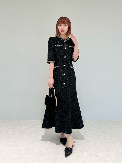 セール】【LEJA】ラメ混ツイードレザーパイピングパール釦スパンコール