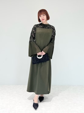 LEJA】レース切替スリットAラインロングドレスワンピース美脚効果結婚