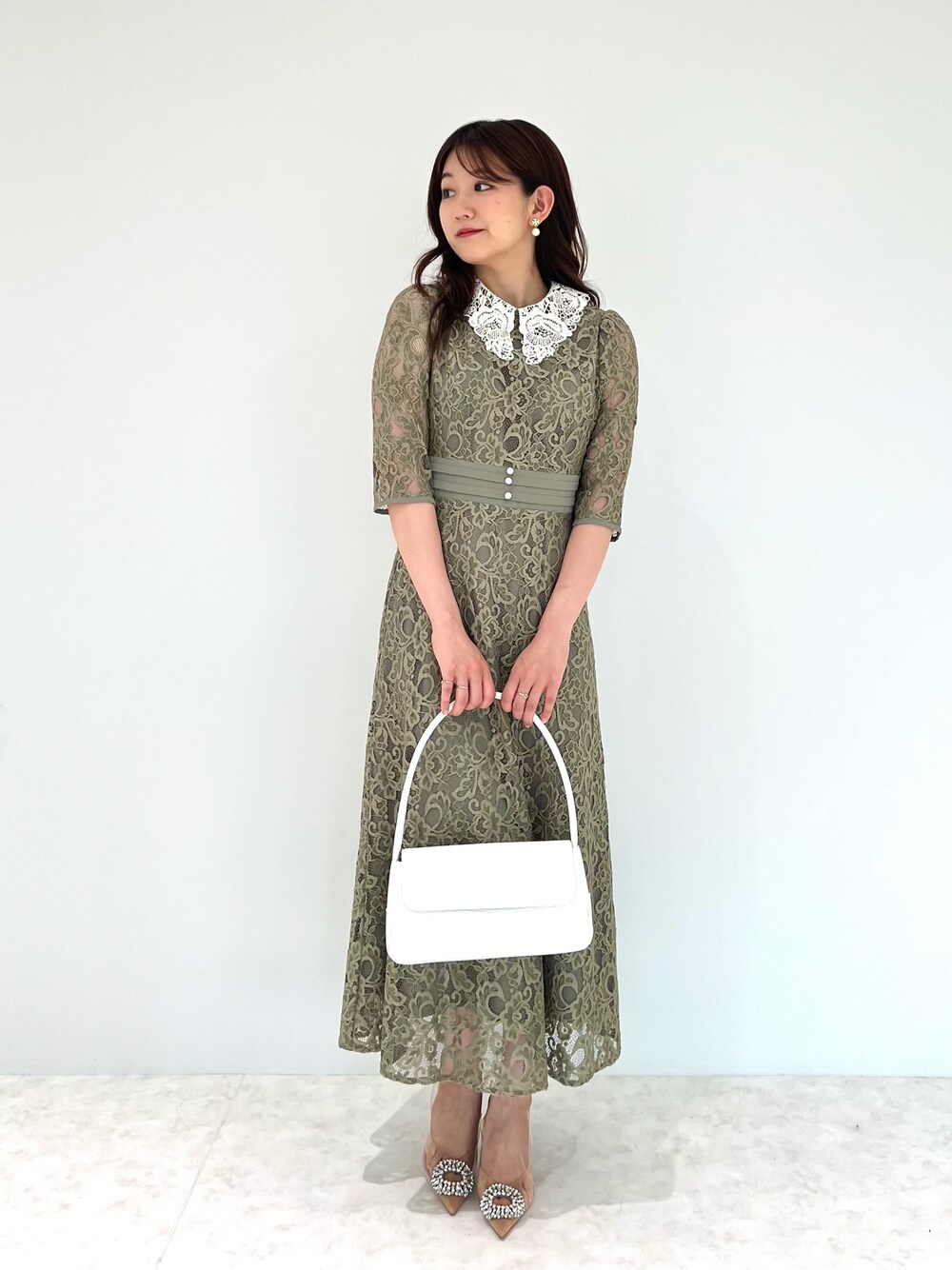 LEJA】レースビッグカラー花柄刺繍ウエストマークロングフレアドレス