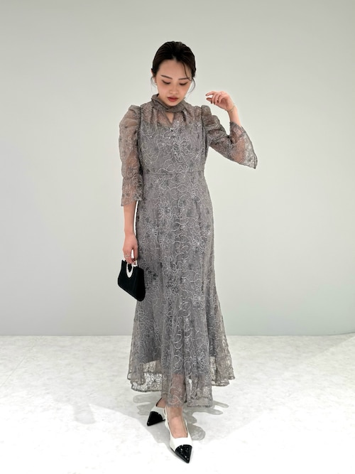 LEJA-花柄刺繍レースチュールパフスリーブAラインワンピースドレス