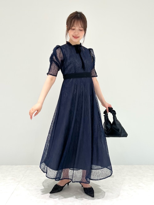 セール】【LEJA】ウエストマークパフスリーブ総レースロングドレス