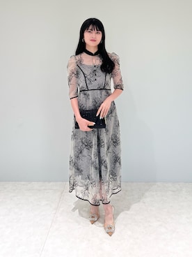 LEJA】配色パイピングプチハイネック花柄刺繍ラメレースロング丈ドレス