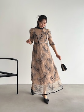 LEJA】配色パイピングプチハイネック花柄刺繍ラメレースロング丈ドレス