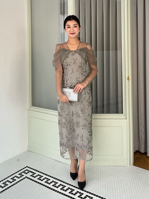 LEJA チュールパイピングリーフベルトAラインドレスワンピース レジャ