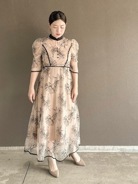 パイピングハイネック花柄ラメレースワンピースドレス結婚式パーティー