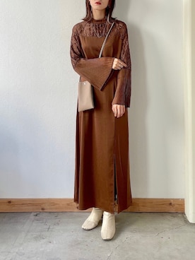 LEJA】レース切替スリットAラインロングドレスワンピース美脚効果結婚