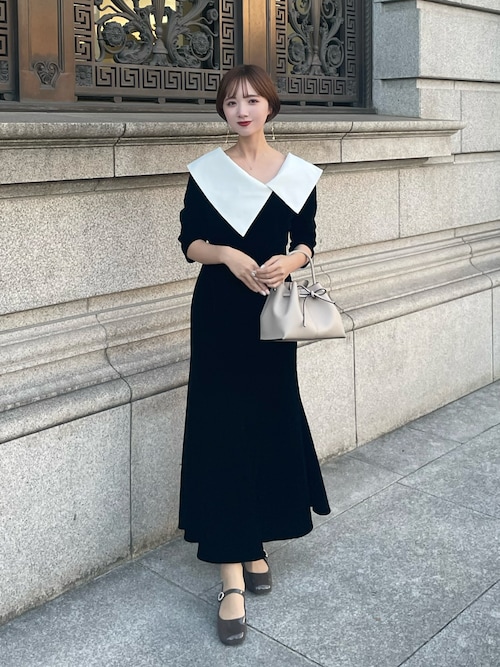 セール】【LEJA】配色アシンメトリービッグカラーベロアマーメイド