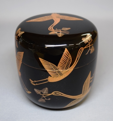 茶道具 新井司平「松喰鶴蒔絵」大棗 尋牛斎・書付 金蒔絵