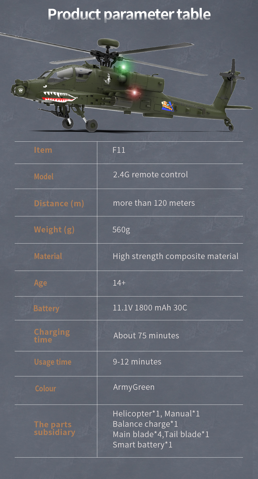 YuXiang F11 Apache AH-64 3D/6G 6-Axis Gyro RC Helicopter
