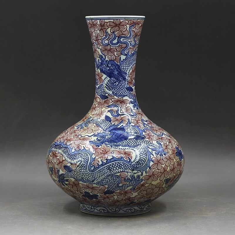 中国古美術 元代 青花釉里紅 龍紋 捏花如意紋 蓋付梅瓶 陶器花瓶 古