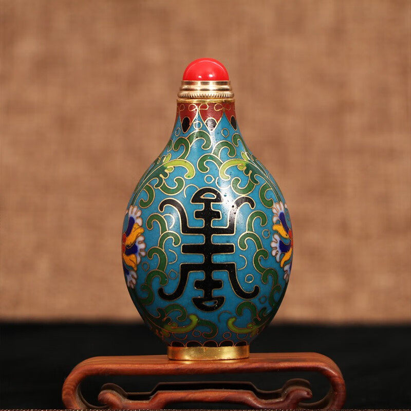 蔵友旧蔵出 銅製 細密彫 景泰藍 琺瑯彩 博古插花紋 鼻煙壺 置物