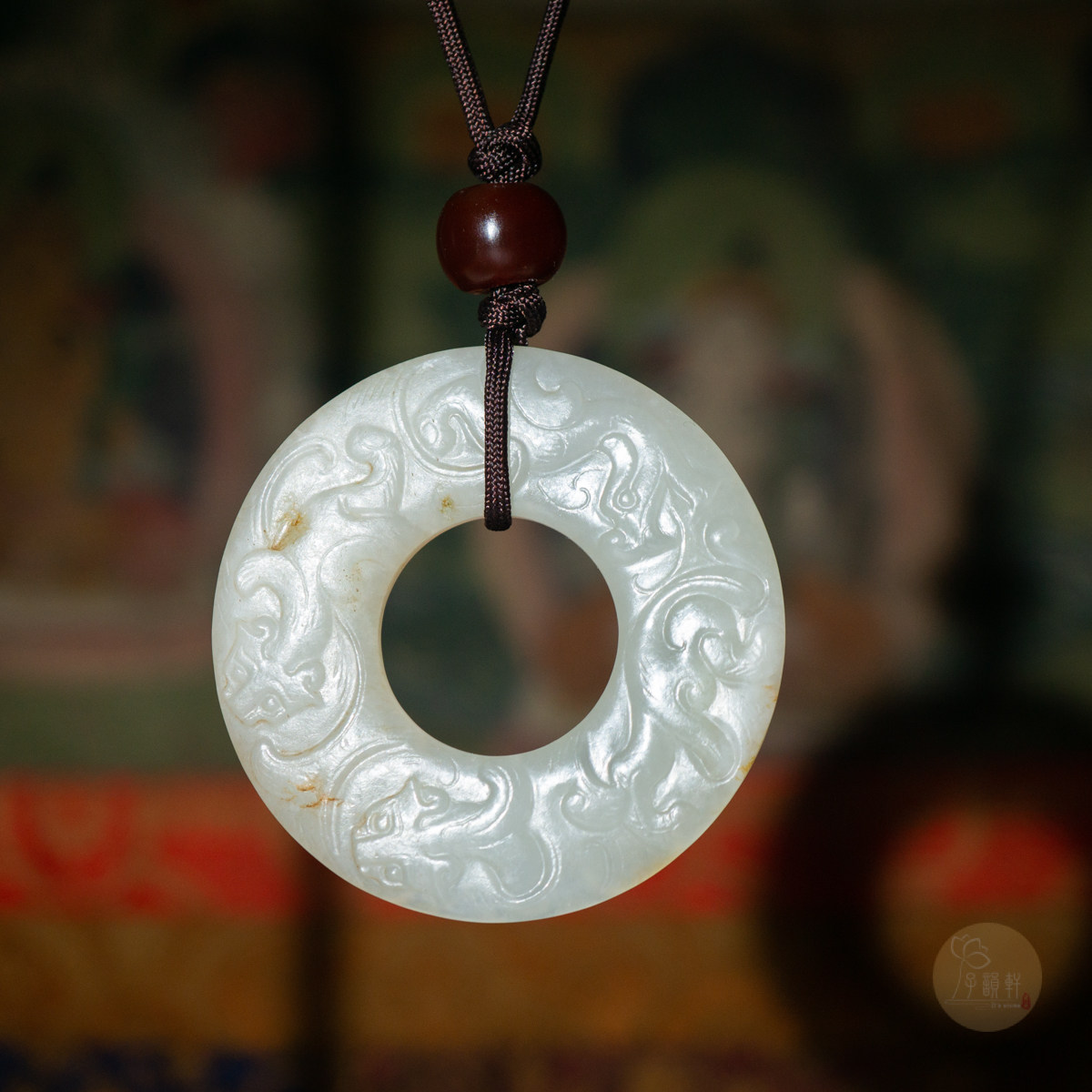 貴重品 本物和田白玉 土沁 明代 透彫り☆福禄双全☆虎鹿紋☆玉佩 根付