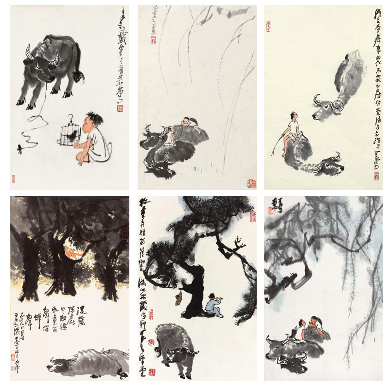 中国古美術・純手描き牧牛図三尺画芯・水墨画・李可染印款・書道品