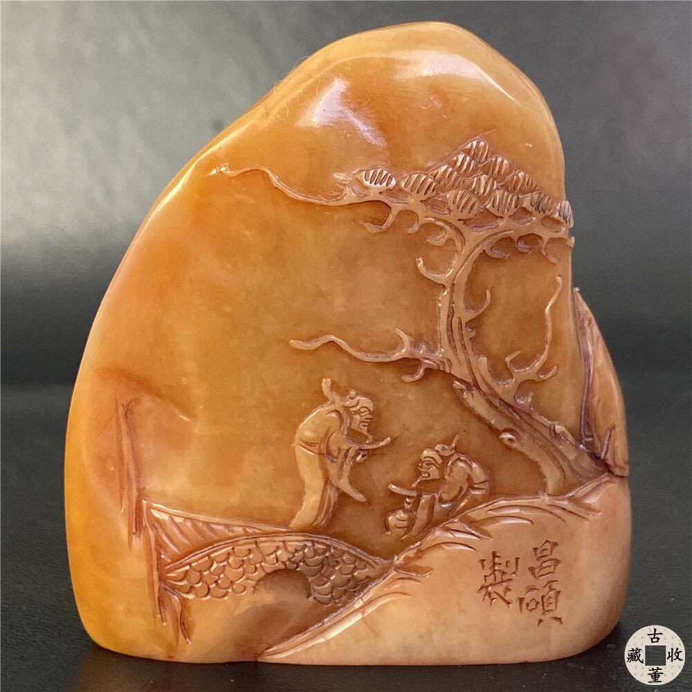 中国 篆刻 玉石田黄石彫刻 山水人物文刻 印材 M R3624
