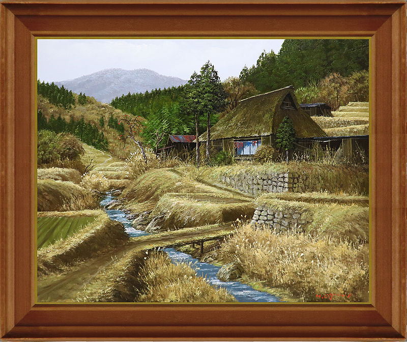 茅葺き屋根の家 絵画 油絵 雪景色 油絵 風景画 冬の茅葺き屋根の