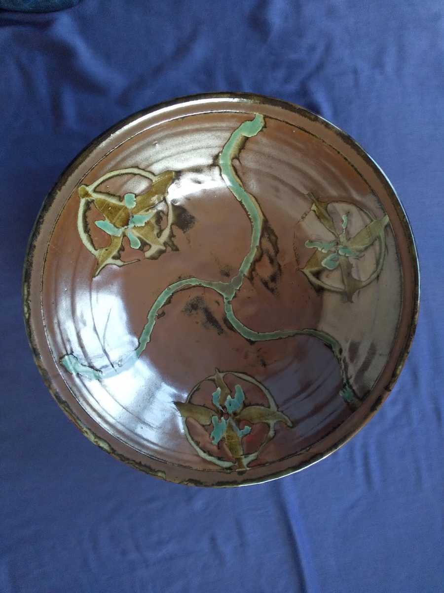 人間国宝 浜田庄司 】柿釉青差角盛皿 40cm本人作蔵出初品