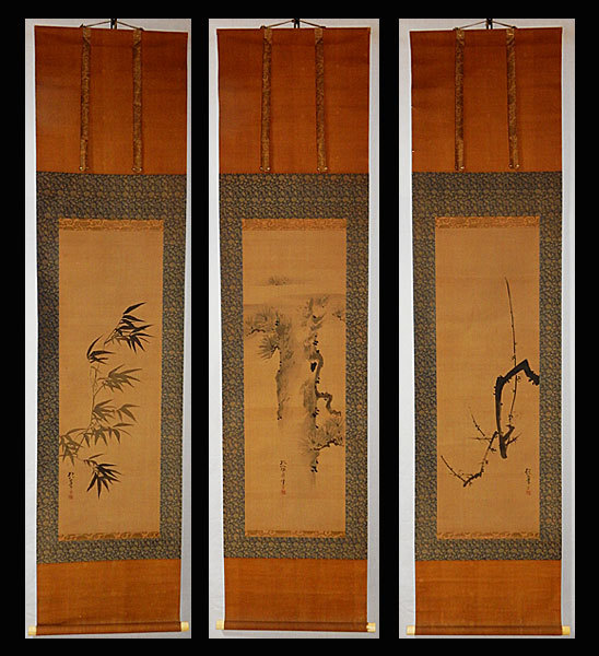 AKa5543 酒井抱一 肉筆 三幅対 掛軸 AKa5543 酒井抱一 肉筆 三幅対