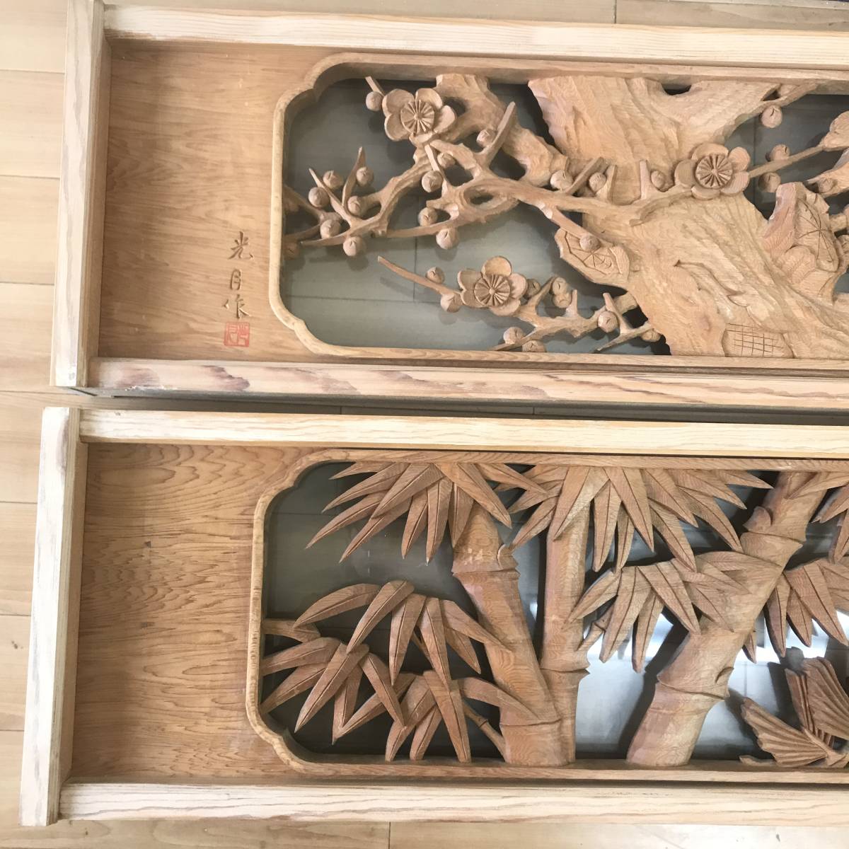 欄間 2枚組 木彫り 松と鷹 欄間 2枚組 木彫り 松と鷹