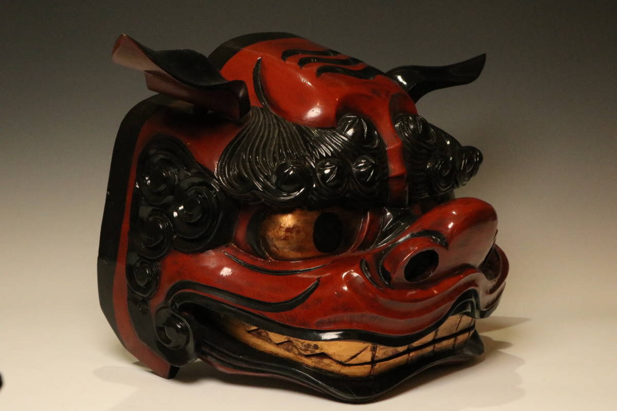 □時代物 獅子舞 獅子頭 宇津 権九郎 雄 雌 朱塗 金彩 木彫 伝統工芸
