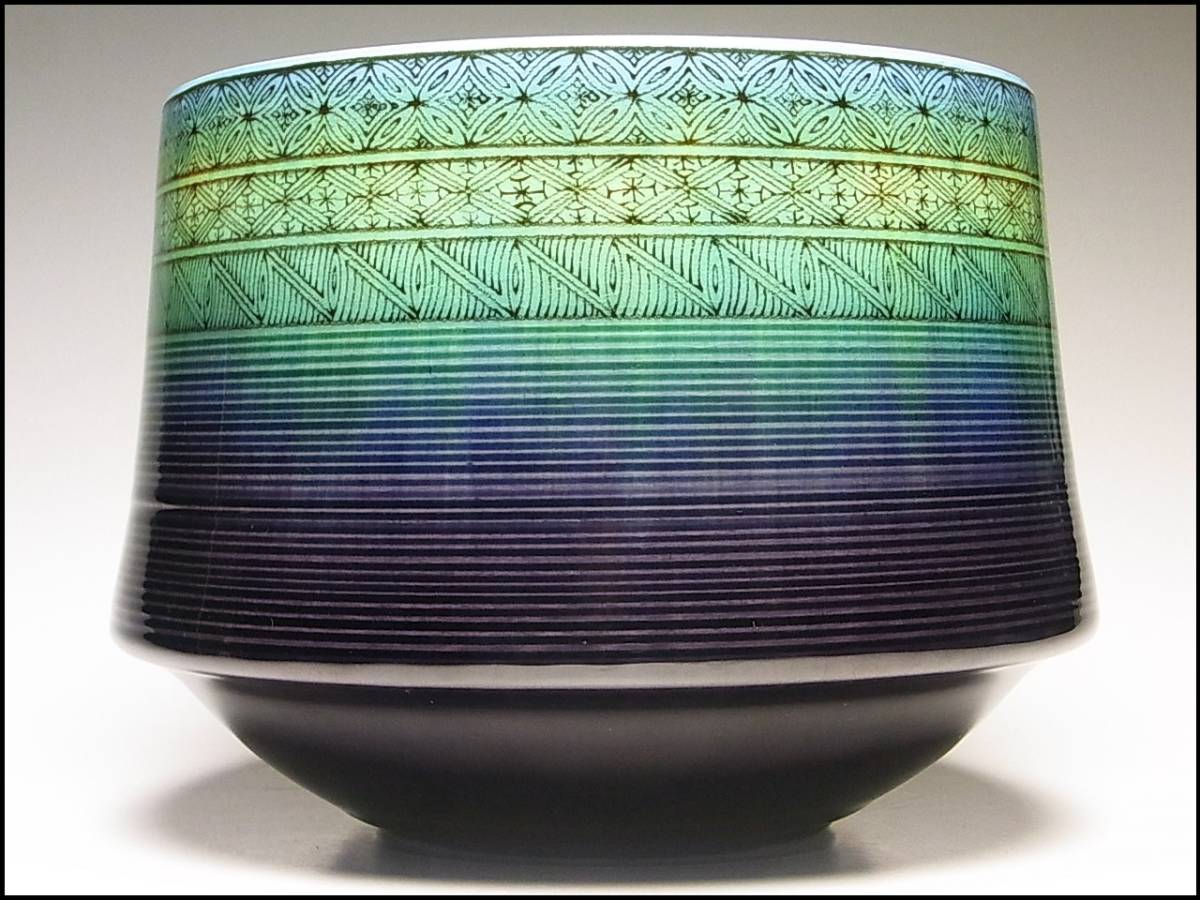 最高 三代徳田八十吉(正彦) 碧明釉小紋水指 人間国宝共箱 幅30cmの大型