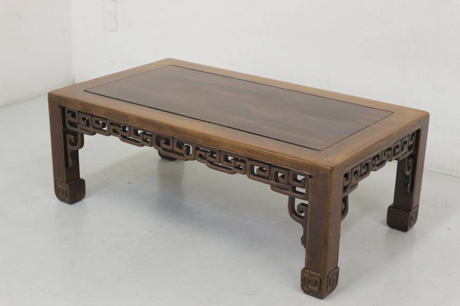 セール✨中国伝統工芸美術 唐木 透彫捻リ図 五足丸卓 丸中卓花台