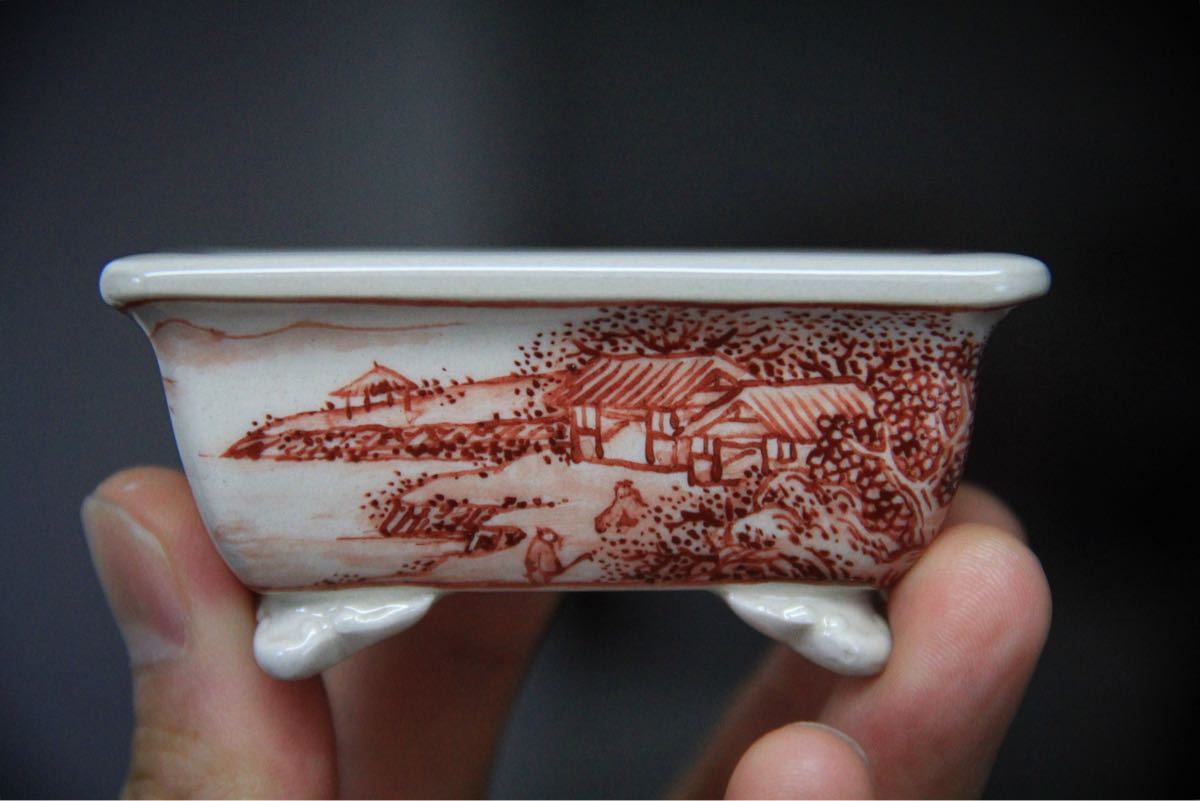 812.佐野大助 赤繪模様紋兽足丸 盆栽鉢 模木鉢 9.7*