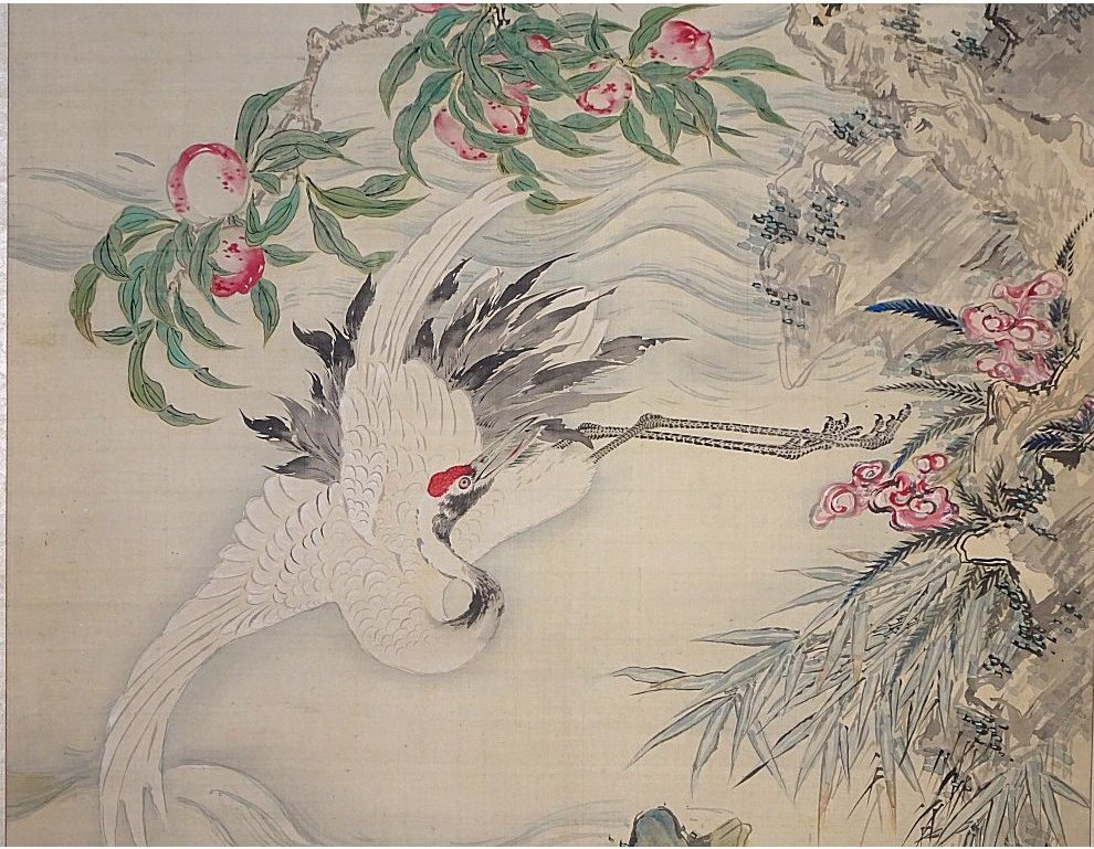 椿椿山 舞鶴旭日香海桃秀 絹本 肉筆 掛軸 南画家 渡辺崋山師事