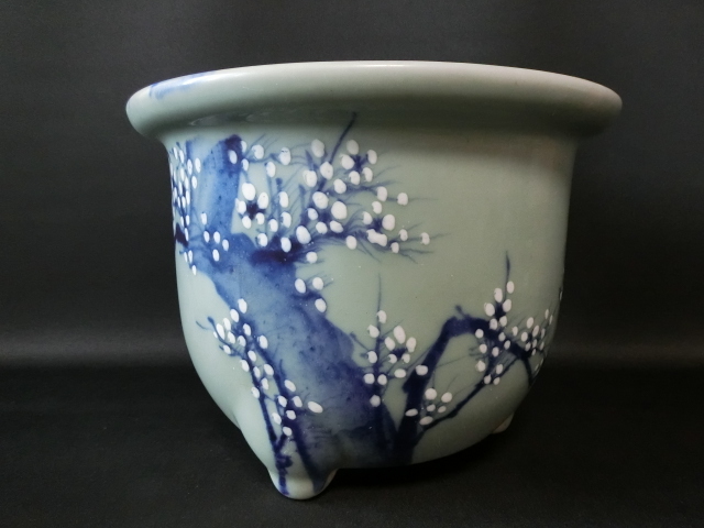 割引❣️『母』 尾張 瀬戸 陽刻 幾何文 青磁 水盤 盆栽（06126B5） 母