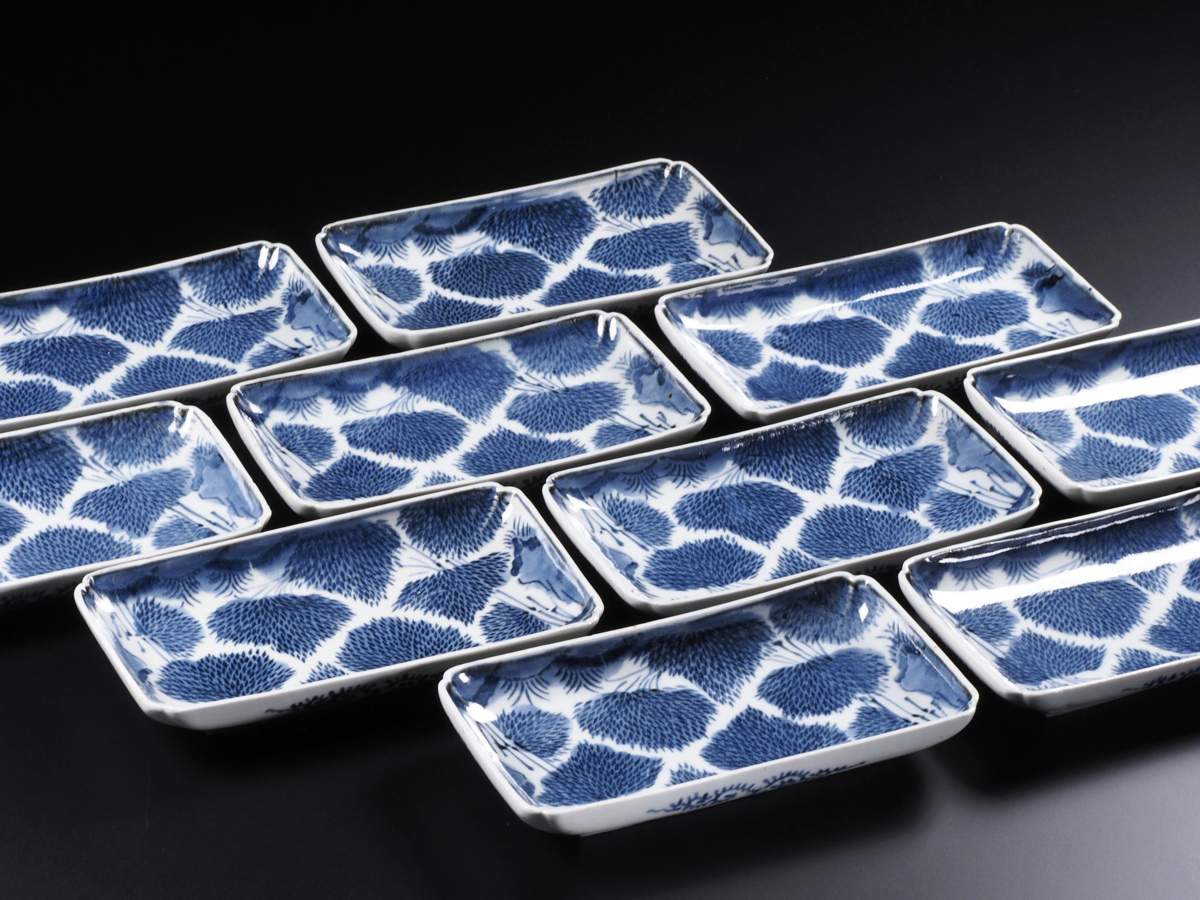 江戸中期 古伊万里 染付竹林文長皿 奇跡の十客！ 笹葉部型紙摺 古美術