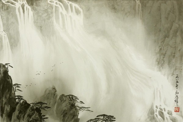 田中芳園画伯 水墨山水画 山と川の風景 人物と馬 保証書付き 田中芳園