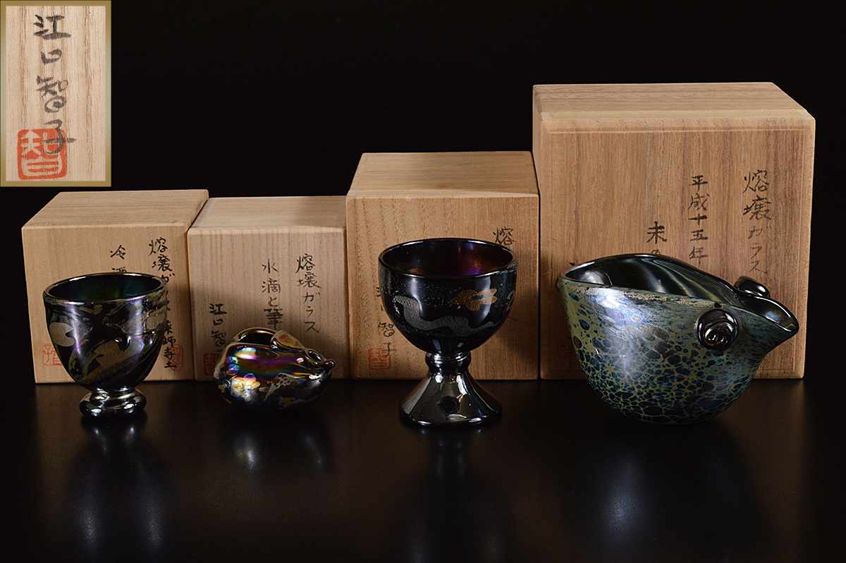 銀彩変ガラス ぐい呑み5個セット 江副行昭作品 銀彩変ガラス ぐい呑み5